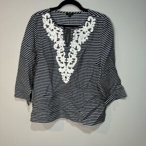 Talbots Navy and White Striped Tunic Top Blouse Embroidered Neckline Lace Beads